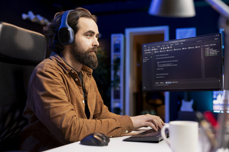 Cybersecurity expert enjoying audiobooks, using pc to patch security exposures